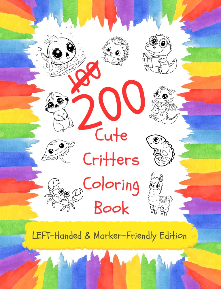 200 cute critter coloring book with a crab, llama, lizard, cat, stingray, hedgehog, dinosaur, and meerkat images in black and white to color, left-handed and marker friendly edition
