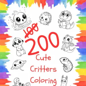 200 cute critter coloring book with a crab, llama, lizard, cat, stingray, hedgehog, dinosaur, and meerkat images in black and white to color