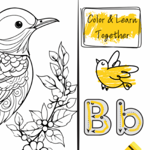 coloring page black and white with a bird on the left and on the right the title reads color and learn together with a yellow crayon and tracing letters