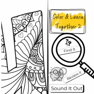 A part of a mandala letter for coloring on the left and on the right the title reads "color and learn together 2" with a magnifying glass and cute character looking around